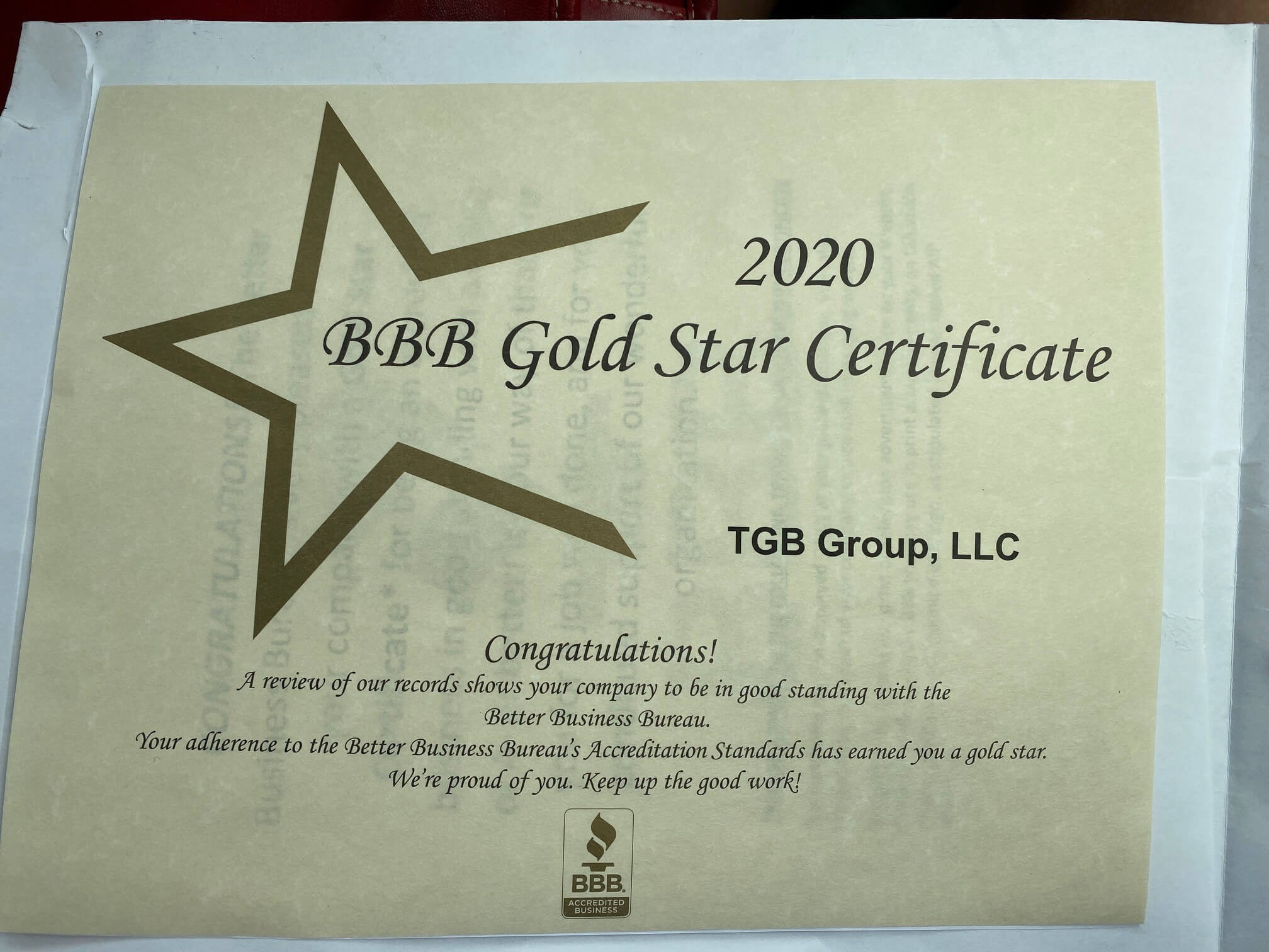 BBB Gold Star Certificate from Houston Better Business Bureau